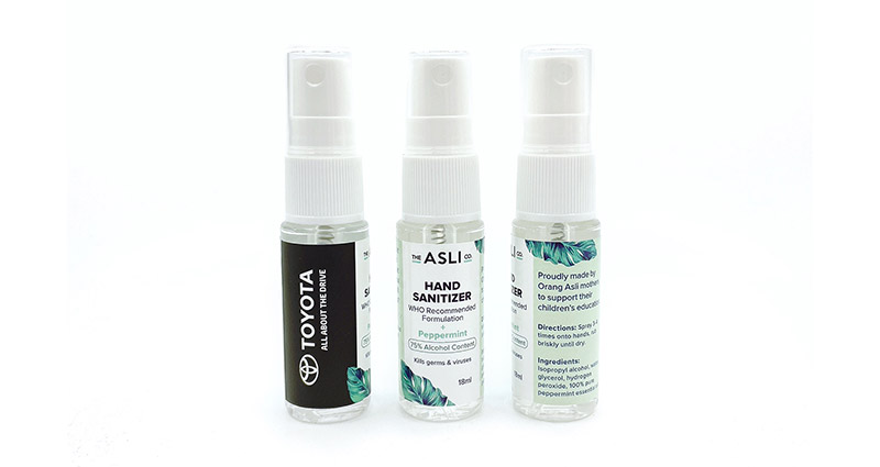 The Asli Co. customizable hand sanitizers with logo sticker printing