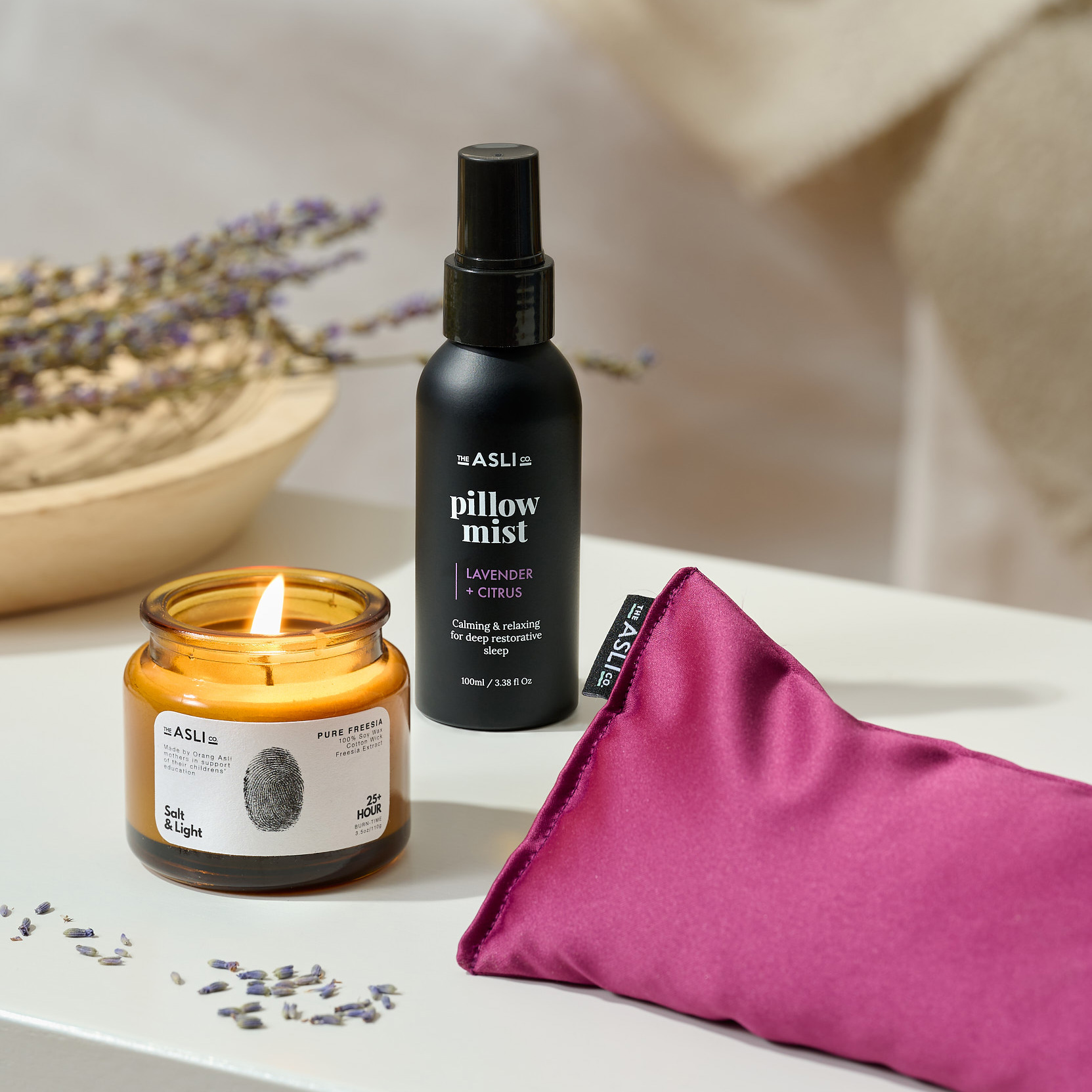 The Asli Co. gift sets with eye pillow, pillow mist and candle